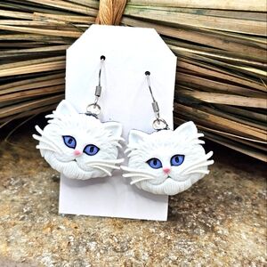 White Cat Earrings Pierced Cat Lady Jewelry Light Weight Handmade Fashion NWT